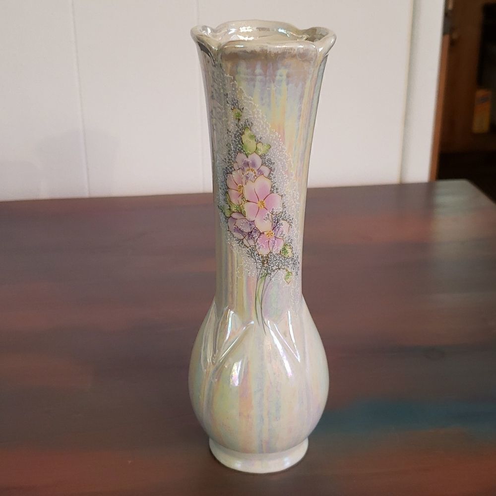 Vintage Iridescent Bud Vase with Floral Design